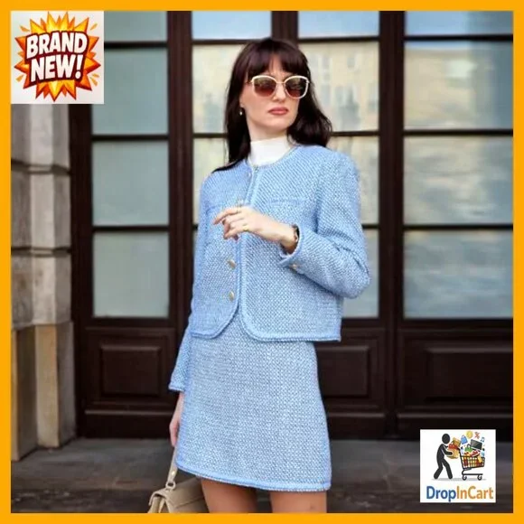 Cropped Tweed Blazer Classic Chic Office Work Business Casual Jacket